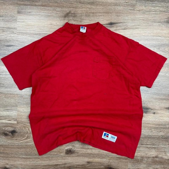 vintage 90s red made in usa russell athletic pocket tee - Picture 1 of 6